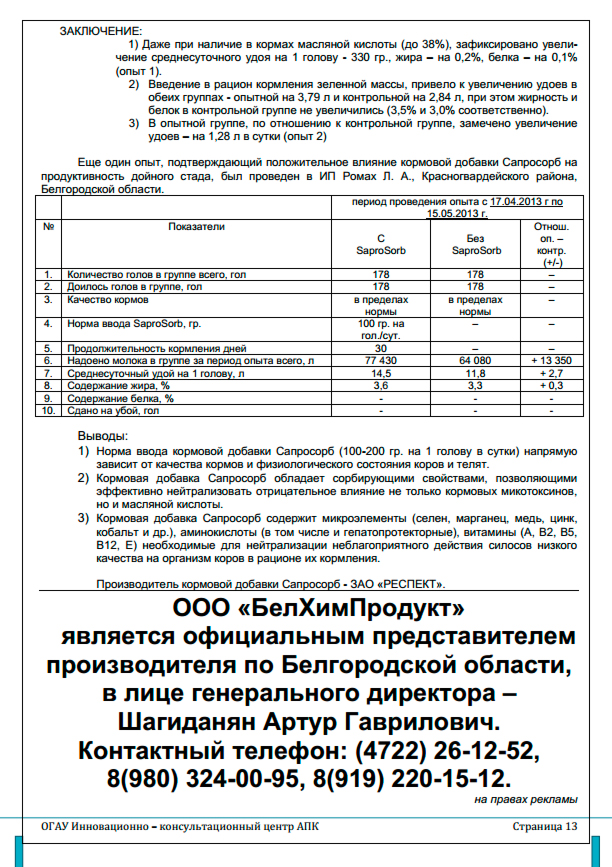 Эффективность применение кормовой добавки Сапросорб  в организациях Белгородской области